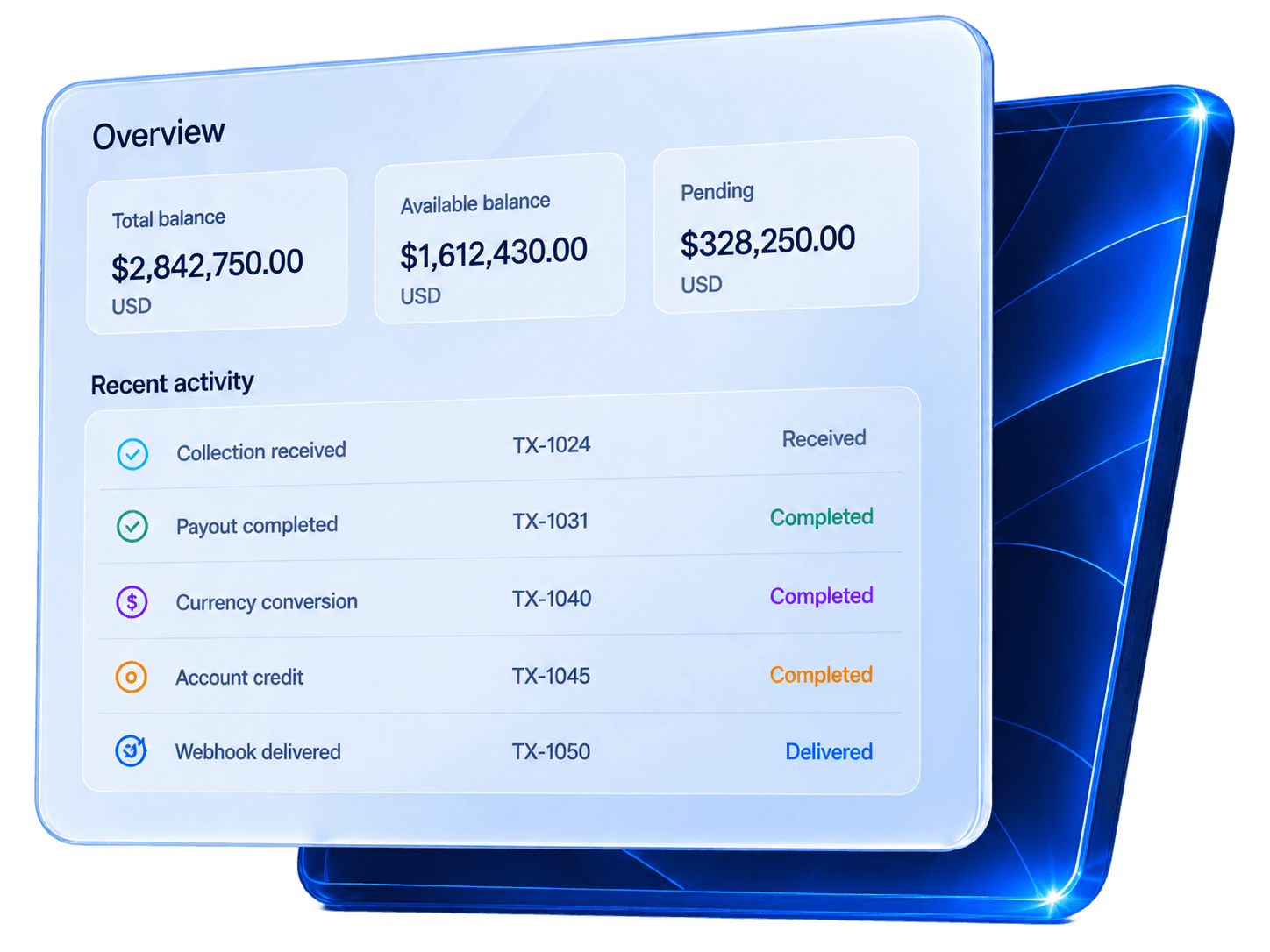 MigraPay business overview: total, available and pending balances with recent activity